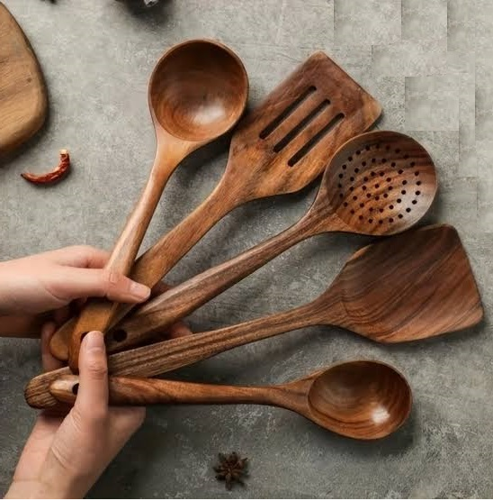 5-Piece Natural Teak Wooden Kitchen Utensil Set