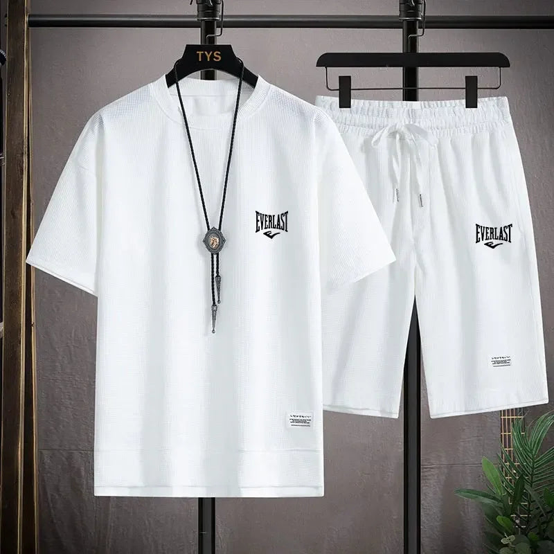 Men’s Waffle Pattern 2-Piece Shorts Set – Loose Summer Tracksuit