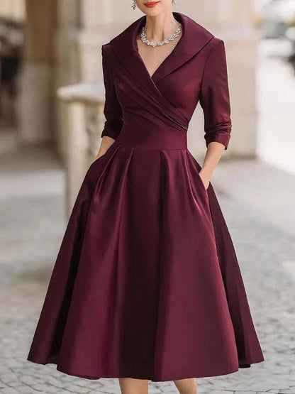 Women’s Vintage V-Neck Wrap Waist A-Line Midi Dress