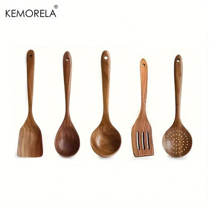 5-Piece Natural Teak Wooden Kitchen Utensil Set