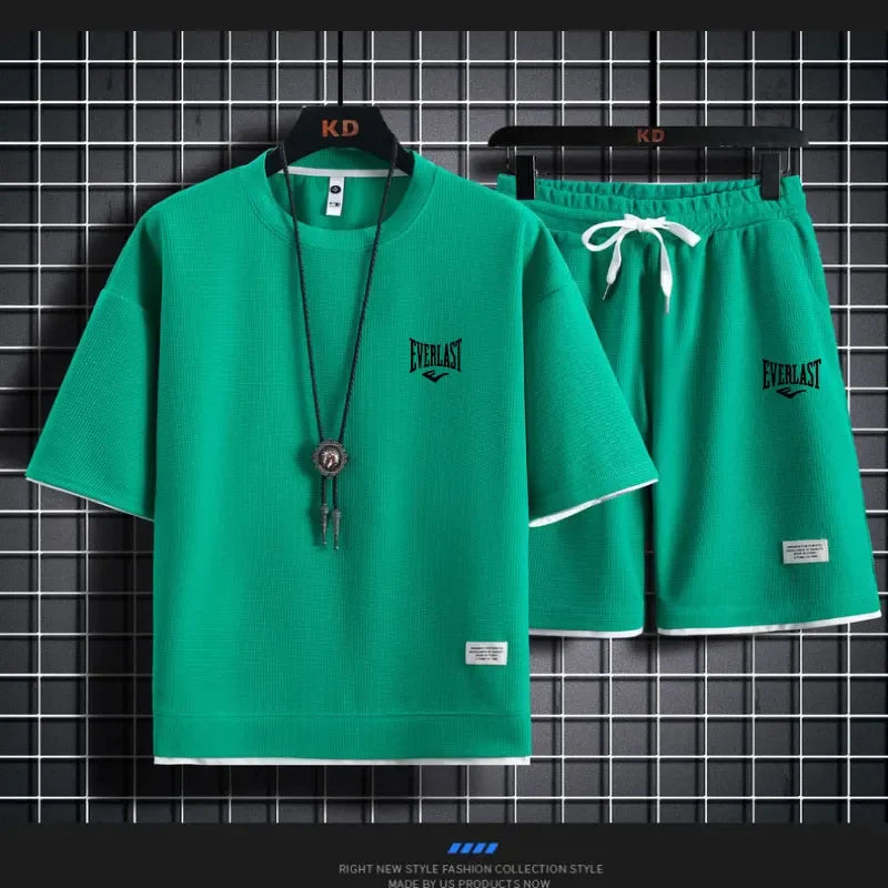 Men’s Waffle Pattern 2-Piece Shorts Set – Loose Summer Tracksuit