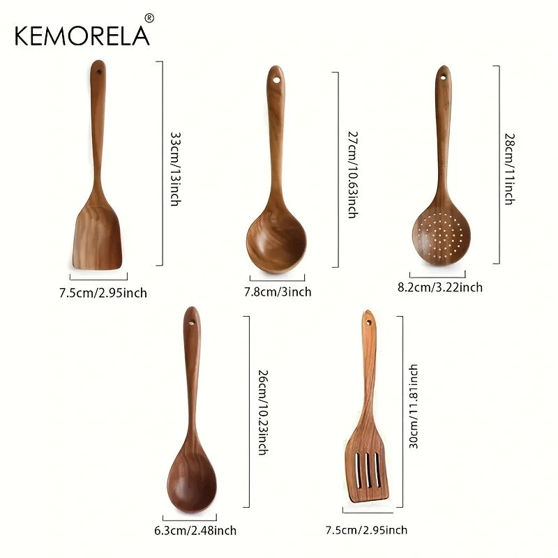 5-Piece Natural Teak Wooden Kitchen Utensil Set