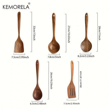 5-Piece Natural Teak Wooden Kitchen Utensil Set