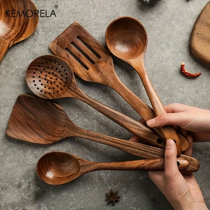 5-Piece Natural Teak Wooden Kitchen Utensil Set