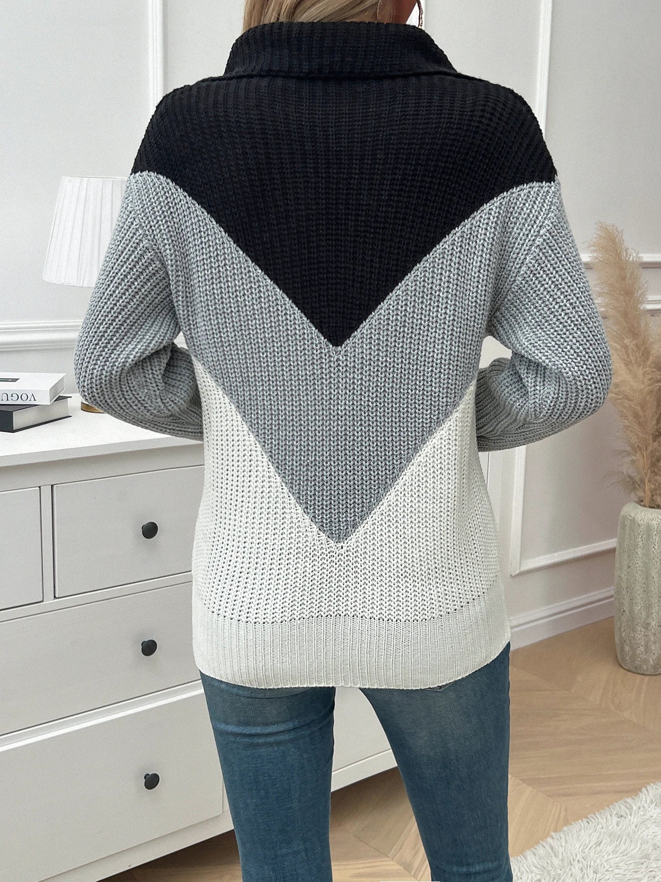 Color Block Shoulder Zipper Half-Breasted Sweater