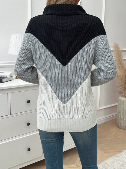Color Block Shoulder Zipper Half-Breasted Sweater