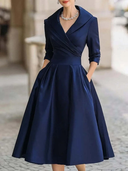Women’s Vintage V-Neck Wrap Waist A-Line Midi Dress