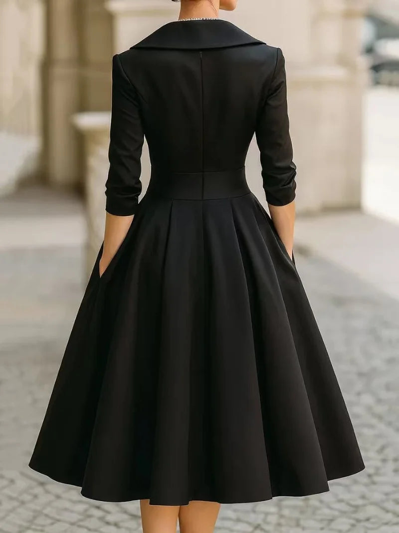 Women’s Vintage V-Neck Wrap Waist A-Line Midi Dress
