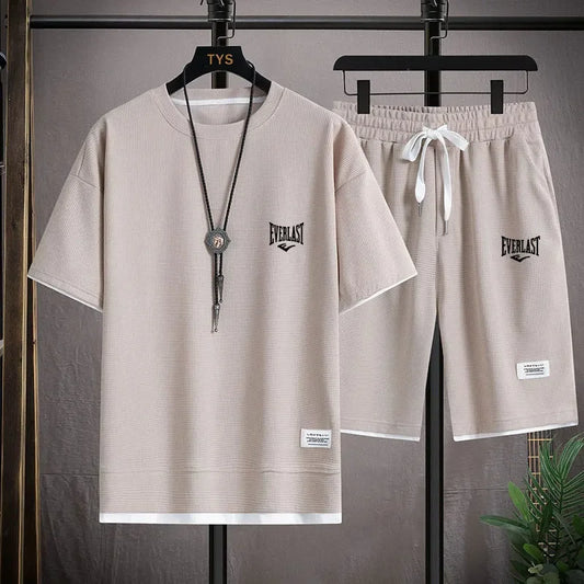 Men’s Waffle Pattern 2-Piece Shorts Set – Loose Summer Tracksuit