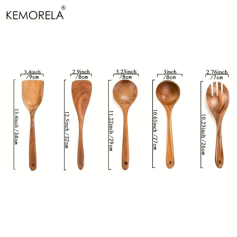 5-Piece Natural Teak Wooden Kitchen Utensil Set