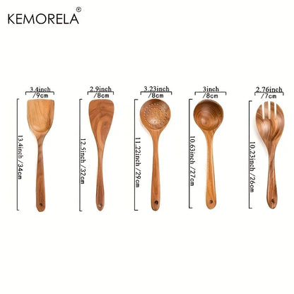 5-Piece Natural Teak Wooden Kitchen Utensil Set