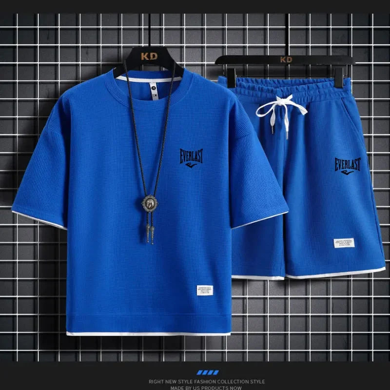 Men’s Waffle Pattern 2-Piece Shorts Set – Loose Summer Tracksuit