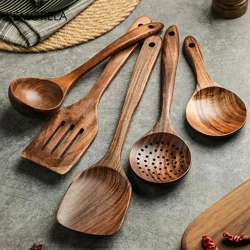 5-Piece Natural Teak Wooden Kitchen Utensil Set