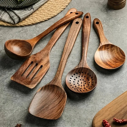 5-Piece Natural Teak Wooden Kitchen Utensil Set