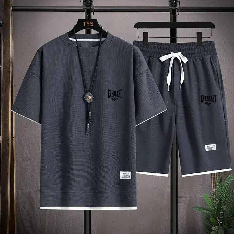 Men’s Waffle Pattern 2-Piece Shorts Set – Loose Summer Tracksuit