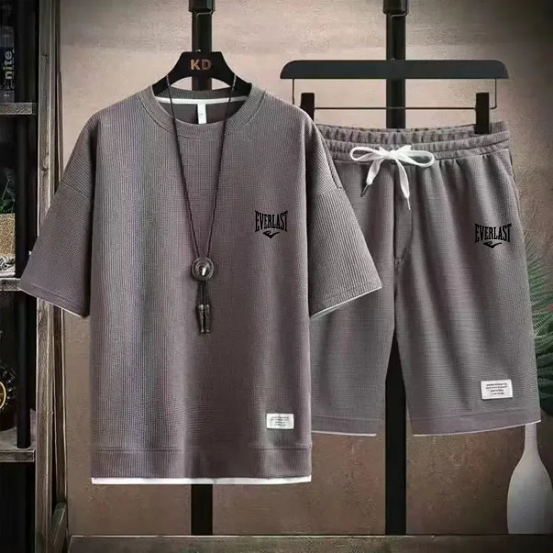 Men’s Waffle Pattern 2-Piece Shorts Set – Loose Summer Tracksuit