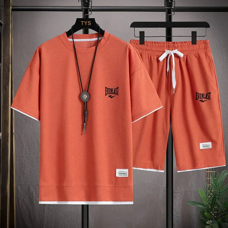 Men’s Waffle Pattern 2-Piece Shorts Set – Loose Summer Tracksuit
