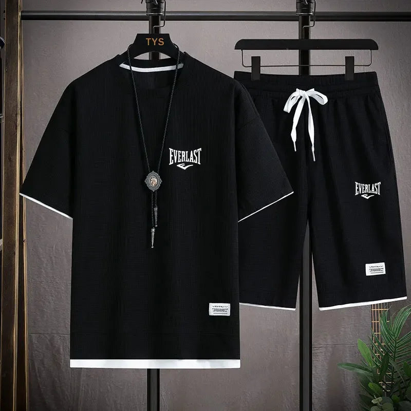 Men’s Waffle Pattern 2-Piece Shorts Set – Loose Summer Tracksuit