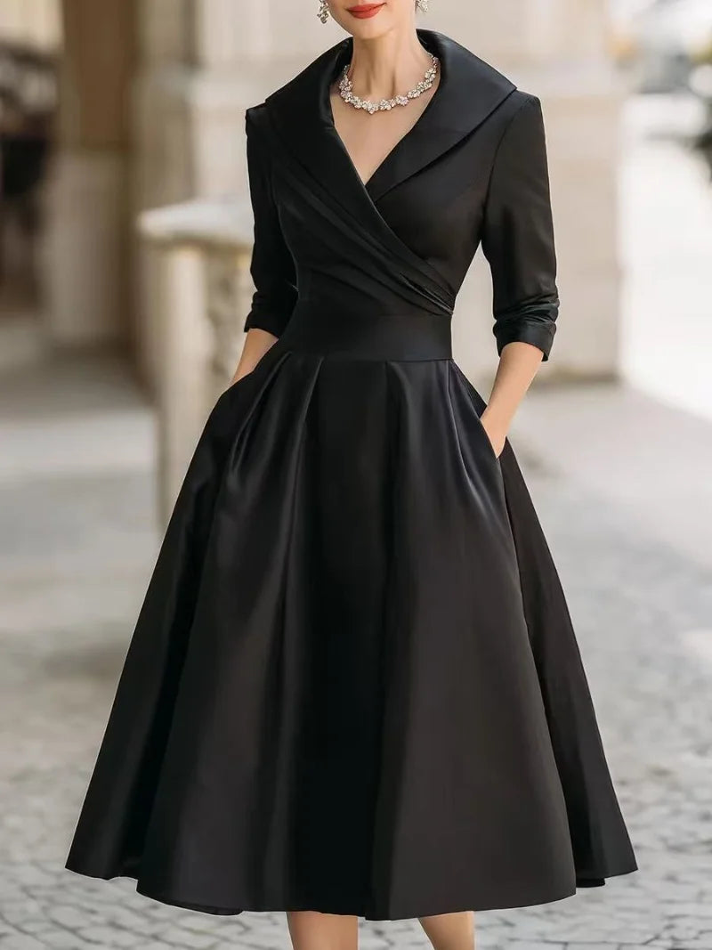 Women’s Vintage V-Neck Wrap Waist A-Line Midi Dress